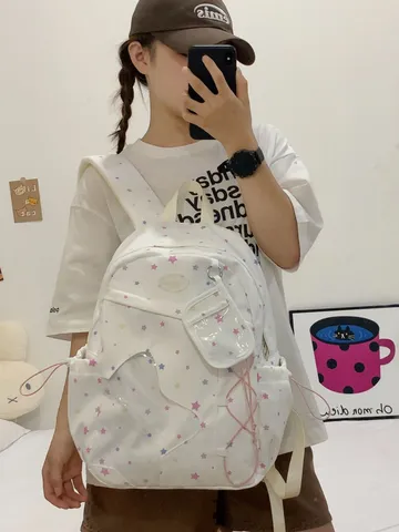 Zaino Casual Stampa Stelle Stile Giapponese Grande Capacità Zainetto Scolastico Tasca Trasparente Nylon Donna