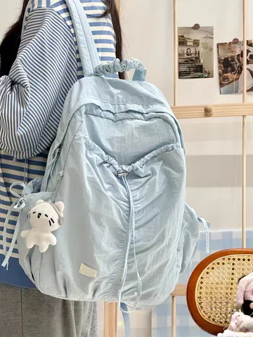 Zaino Scolastico da Viaggio di Grande Capienza Leggero Casual Plissettato in Nylon Stile Coreano per Donne Uomini