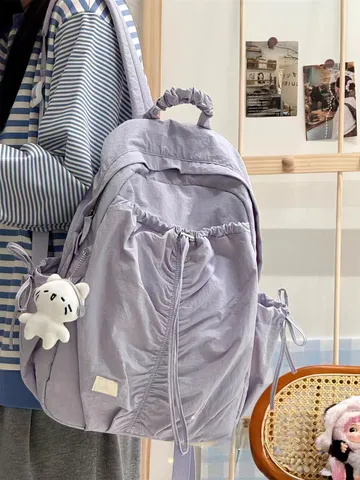 Zaino Scolastico da Viaggio di Grande Capienza Leggero Casual Plissettato in Nylon Stile Coreano per Donne Uomini