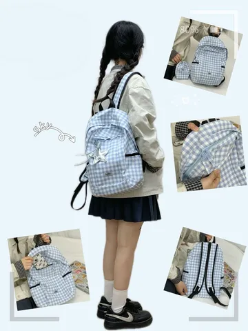 Zaino Casual in Tela a Quadri da Donna Grande Capacità Zainetto Scolastico Elegante da Viaggio Con Piccola Borsa