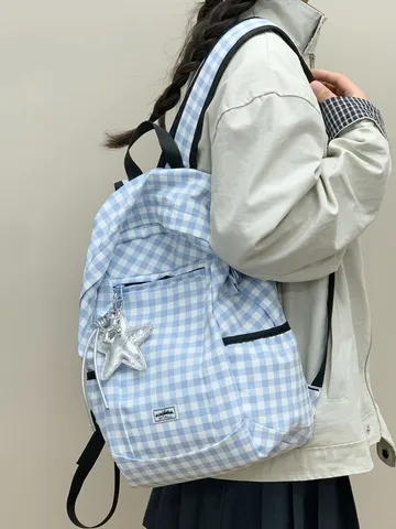 Zaino Casual in Tela a Quadri da Donna Grande Capacità Zainetto Scolastico Elegante da Viaggio Con Piccola Borsa