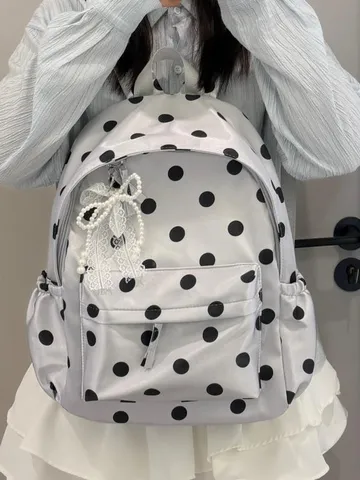 Zaino Casual a Pois Stile Coreano per Donna Leggero Borsa Scolastica con Fiocco in Pizzo di Perle Zainetto per Ragazze