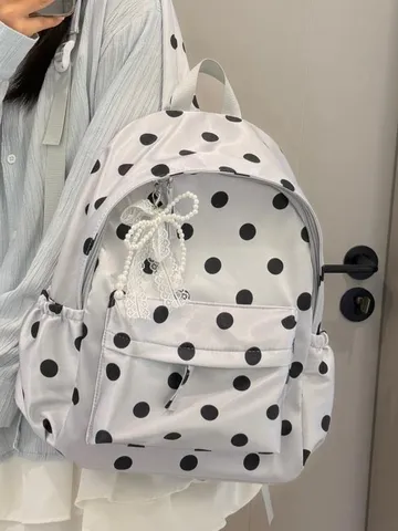 Zaino Casual a Pois Stile Coreano per Donna Leggero Borsa Scolastica con Fiocco in Pizzo di Perle Zainetto per Ragazze