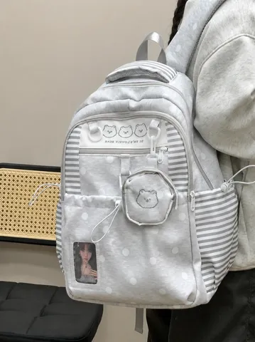 Zaino Scolastico per Ragazza in Nylon Stile Coreano Casual Leggero Borsa da Viaggio Ricamo Orsetto
