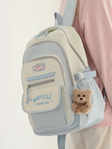 Zaino Scolastico in Nylon Impermeabile in Stile Giapponese Grande Capacità Borsa Casual Con Ciondolo Orsetto Per Studenti