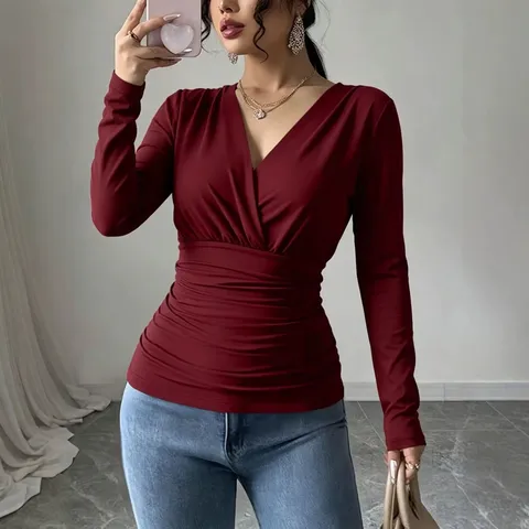 French Style Women's V-Neck Long Sleeve T-Shirt Ruched Slim Fit Wrap Top Solid Color Polyester Autumn Winter Elegant Top
