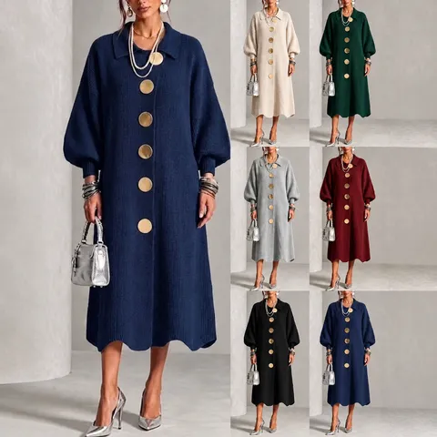 Women Long Sleeve Knit Dress Metal Buttons Polo Collar Elegant Solid Color Autumn Winter Casual Midi Maxi Sweater Dress