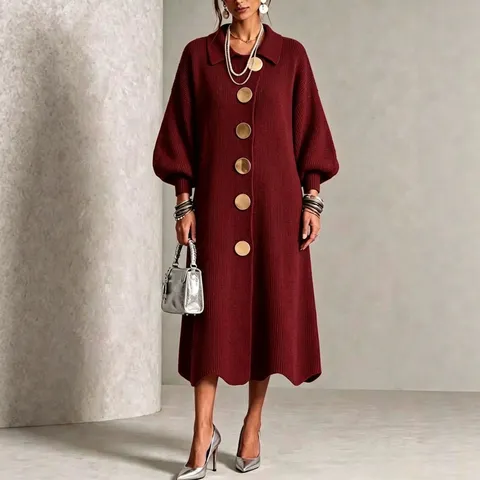 Women Long Sleeve Knit Dress Metal Buttons Polo Collar Elegant Solid Color Autumn Winter Casual Midi Maxi Sweater Dress