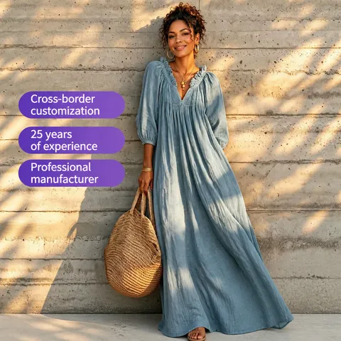 Bohemian V Neck Lantern Sleeve Maxi Dress For Women Summer Casual Beach Vacation Long Kaftan Dress Pleated Loose Fit Dress