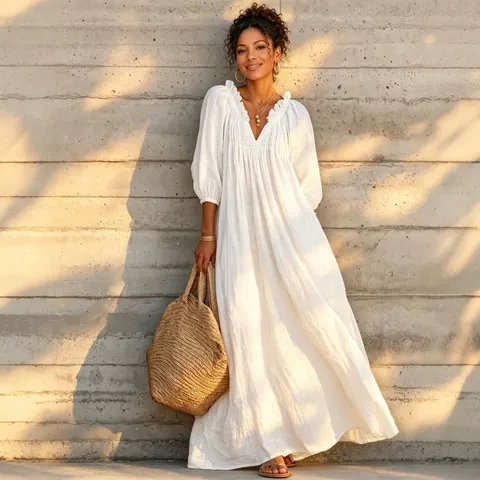 Bohemian V Neck Lantern Sleeve Maxi Dress For Women Summer Casual Beach Vacation Long Kaftan Dress Pleated Loose Fit Dress