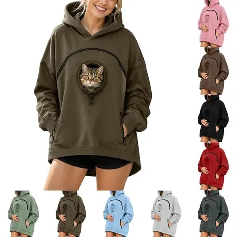 Women Casual Polyester Pet Holder Hoodie Long Sleeve Cat Pouch Sweatshirt Loose Fit Solid Color Hooded Top With Zipper