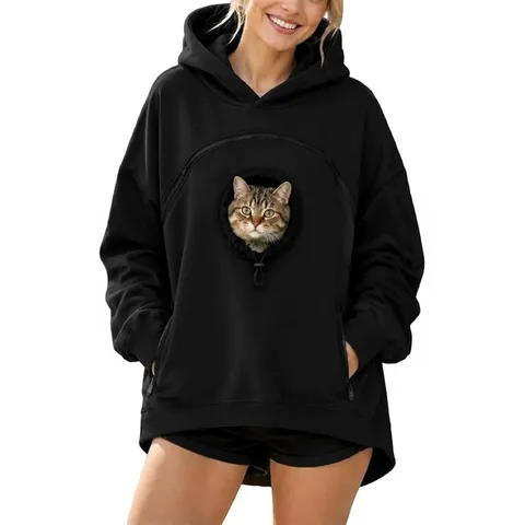 Women Casual Polyester Pet Holder Hoodie Long Sleeve Cat Pouch Sweatshirt Loose Fit Solid Color Hooded Top With Zipper