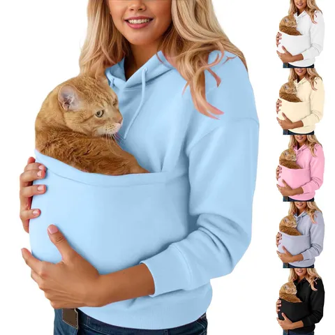Women's Pet Carrier Hoodie Fleece Lined Large Kangaroo Pocket Pullover Sweatshirt For Cat Dog Animal Holder Winter Warm Top