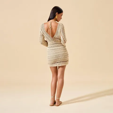 Sexy Diepe V-hals Gehaakte Opengewerkte Strand Cover-up Jurk Lange Mouwen Effen Kleur Gebreide Polyester Strandmode Dames