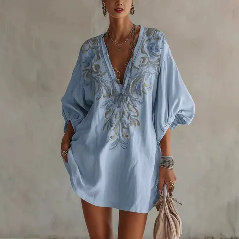 Damen Tief V-Ausschnitt Laternenärmel Blumenmuster Mini Kleid Polyester Elasthan Boho Casual Sommer Streetwear Strand Kleid