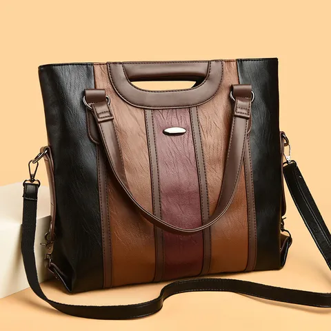 Dames Mode PU Leer Patchwork Handtas Grote Capaciteit Zakelijk Woon-werkverkeer Schoudertas Crossbodytas Met Letterdecor
