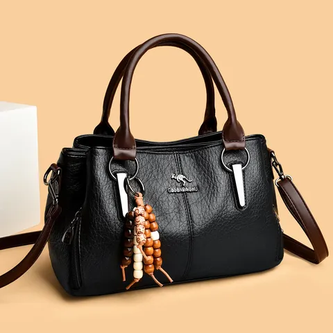 Dames Retro PU Leer Grote Capaciteit Tote Tas Minimalistisch Woon-werk Schoudertas Met Houten Kralen Effen Kleur Handtas