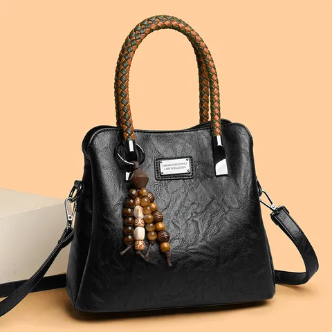 Vintage PU Leer Tote Tas Grote Capaciteit Handtas Gevlochten Handvat Houten Kralenhanger Schoudertas Voor Dames
