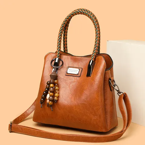 Vintage PU Leer Tote Tas Grote Capaciteit Handtas Gevlochten Handvat Houten Kralenhanger Schoudertas Voor Dames