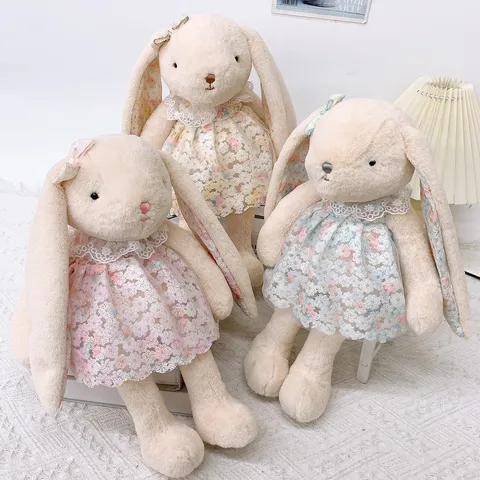 Carino Coniglio Orecchie Lunghe Peluche Vestito in Pizzo Floreale Bambola Animale Imbottito Ciondolo Borsa