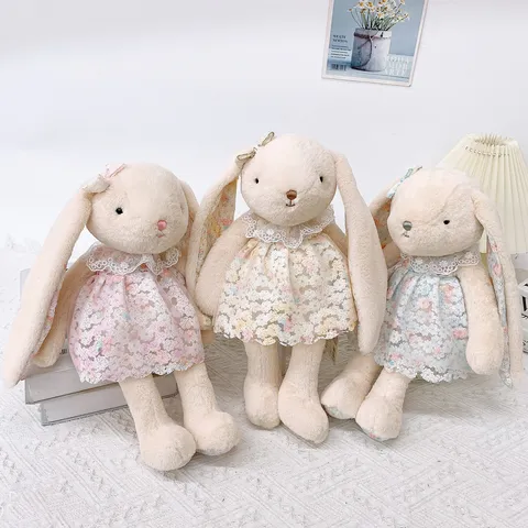 Carino Coniglio Orecchie Lunghe Peluche Vestito in Pizzo Floreale Bambola Animale Imbottito Ciondolo Borsa