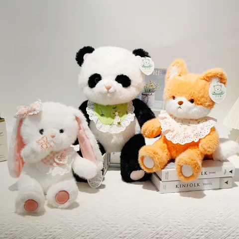 Simpatico Peluche Animale Con Bavaglino in Pizzo Morbido Cartone Animato Volpe Gatto Panda Bambola Cuscino Coccole Kawaii Regalo di Compleanno Per Bambini