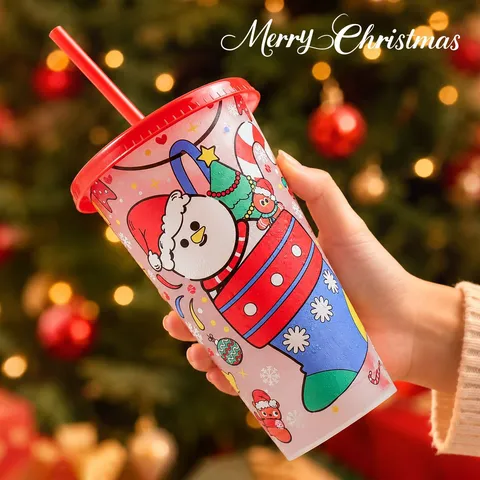 Gobelet en Plastique Changeant de Couleur de Noël Tasse à Eau Réutilisable Sensible au Froid Avec Couvercle et Paille Boisson de Fête
