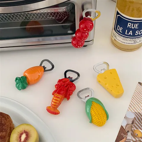 Creative Cute Magnetic Bottle Opener Fridge Magnet Resin Stainless Steel Beer Soda Opener Home Kitchen Decor Cheese Corn Carrot Shape