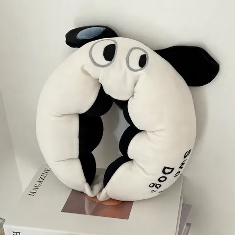 Cartoon Dog Hooded U-Shaped Neck Pillow With Memory Foam Filling Soft Plush Travel Pillow For Airplane Office Home Neck