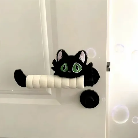 Cute Green Eyed Black Cat Plush Door Handle Cover Anti-Static Handle Protector Anti-Collision Door Knob Glove Decoration For Home
