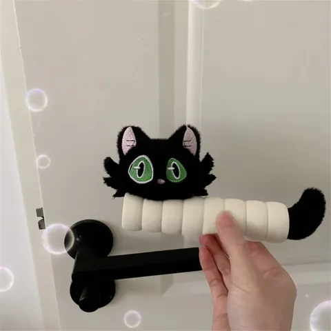 Cute Green Eyed Black Cat Plush Door Handle Cover Anti-Static Handle Protector Anti-Collision Door Knob Glove Decoration For Home