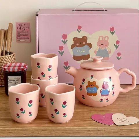 Korean Cute Bear Ceramic Teapot Set With Gift Box Floral Tulip Print 1 Teapot 4 Cups Couple Wedding Valentine Gift