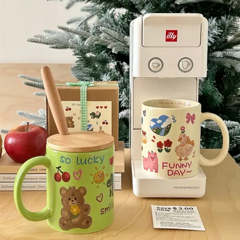 Mug en Céramique Style Coréen Mignon Ours Gribouillage Tasse à Café Lait Grande Capacité Avec Couvercle Et Cuillère Coffret Cadeau