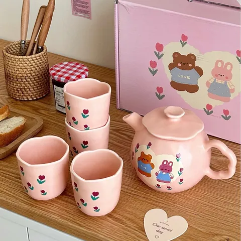 Korean Cute Bear Ceramic Teapot Set With Gift Box Floral Tulip Print 1 Teapot 4 Cups Couple Wedding Valentine Gift
