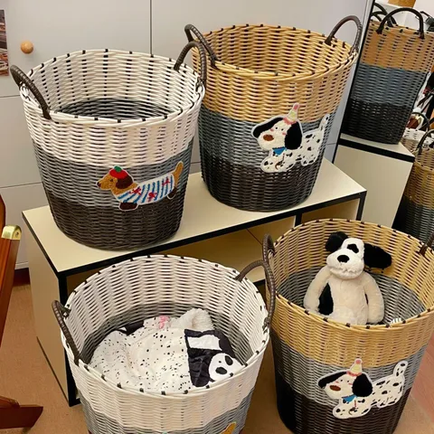 Large Capacity Cute Dog Woven Laundry Basket Imitation Rattan Clothes Storage Bin For Bathroom Bedroom Kids Toy Organizer