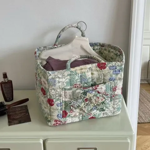 Korean Pastoral Style Portable Cotton Storage Basket Floral Quilted Laundry Hamper Home Organizer Bag Bedroom Bathroom