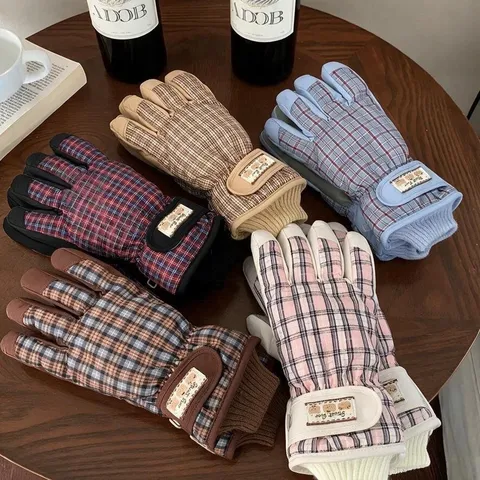 Gants de Ski Imperméables Plaid Vintage Hiver Chaud Doublé de Polaire Sports de Plein Air Cyclisme Gants Thermiques