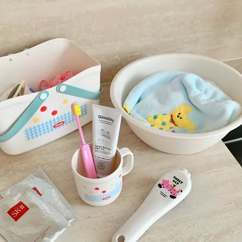 Student Dormitory Washing Set Plastic Water Bucket Basin Shower Basket Soap Box Cup Cleaning Brush Mist Blue Grid Pattern Wash Kit