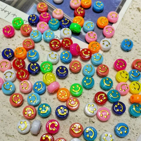 Abalorios Sueltos Acrílicos Redondos Planos de Cara Sonriente Colorida Abalorios Espaciadores para Fabricación de Joyas DIY Accesorios de Manualidades