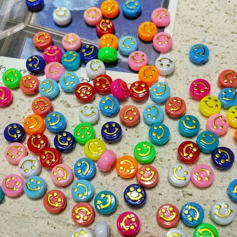 Abalorios Sueltos Acrílicos Redondos Planos de Cara Sonriente Colorida Abalorios Espaciadores para Fabricación de Joyas DIY Accesorios de Manualidades