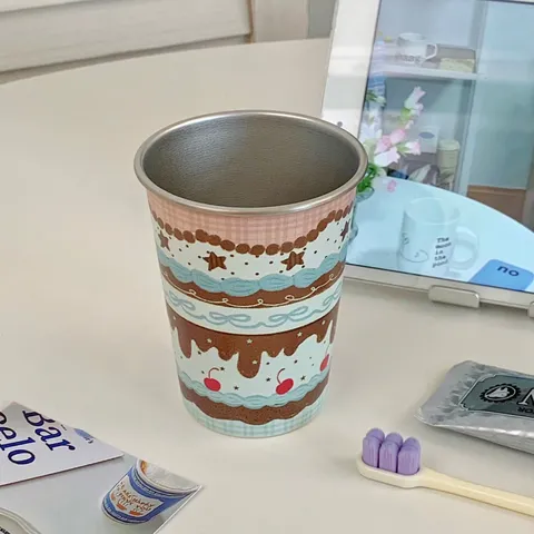 Schattige Cartoon Taart Patroon 304 Roestvrij Staal Mondspoelbeker Set Met Houder En Tandenborstel Voor Studentenwoning Stellen
