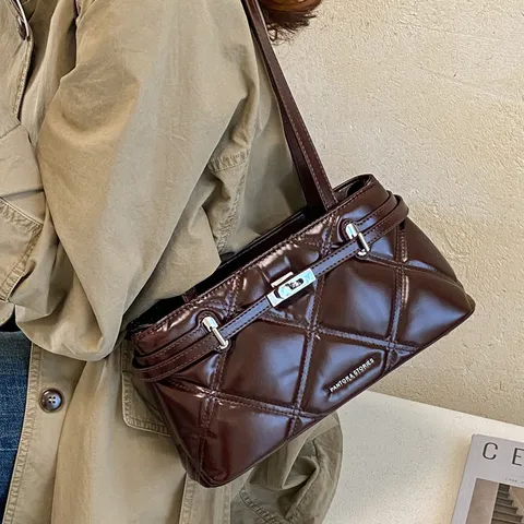 Damen Gesteppt PU Leder Schulter Achseltasche Vintage Große Kapazität Kissentasche Minimalistische Pendler Handtasche Mit Schloss
