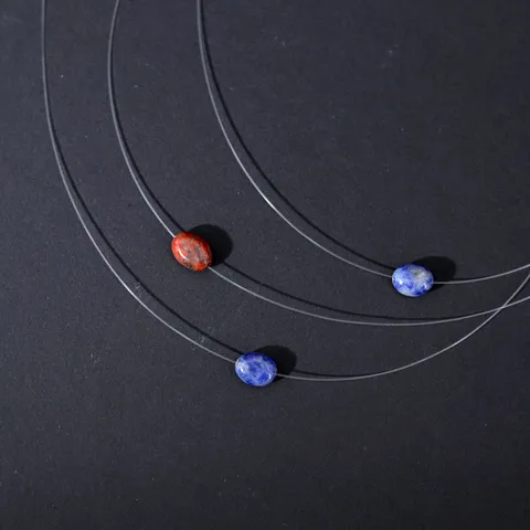 Minimalist Invisible Fishing Line Floating Necklace Oval Natural Stone Jasper Sodalite Choker For Women Stainless Steel Clasp Dainty Geometric Jewelry