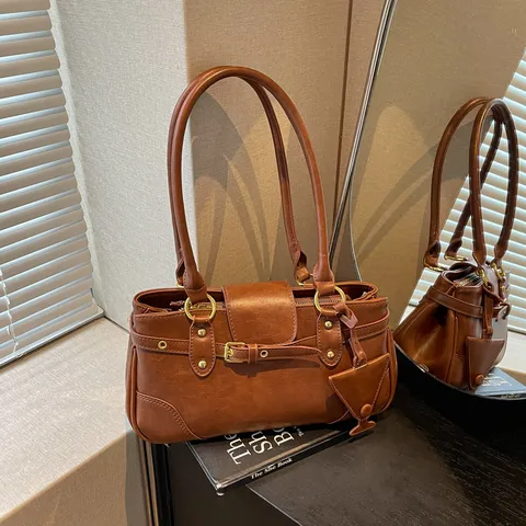 Vintage PU Leder Unterarmtasche Für Damen Trendy Nische Baguette Schultertasche Mit Metallschnalle Gürtel Dekor Mode Tasche