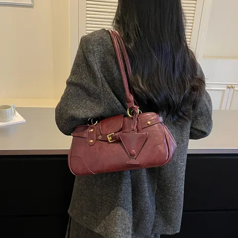 Vintage PU Leder Unterarmtasche Für Damen Trendy Nische Baguette Schultertasche Mit Metallschnalle Gürtel Dekor Mode Tasche