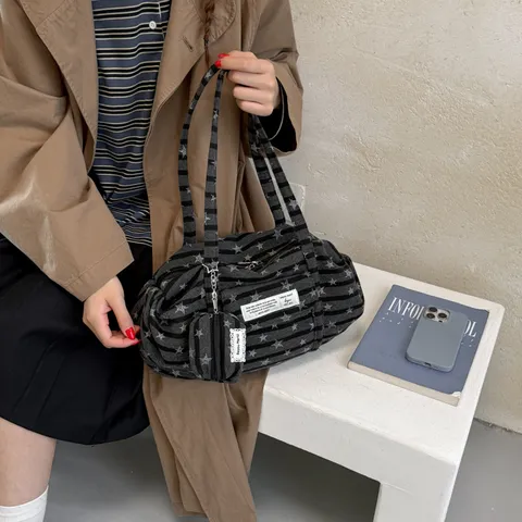Koreanischer Stil Gestreifter Stern Leinwand Tragetasche Für Damen Große Kapazität Freizeit Täglicher Pendelverkehr Umhängetasche Mode Handtasche