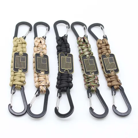 Outdoor Überleben Fallschirmschnur Schlüsselanhänger Geflochtenes Lanyard Mit Metall Karabiner Und Amerikanische Flagge Metall Schild Schlüsselring