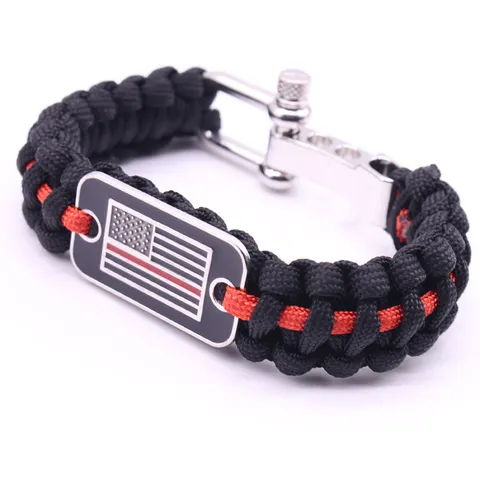 Handmade Paracord Survival Bracelet Outdoor Tactical Braided Wristband With Zinc Alloy Buckle And Flag Dog Tag Jewelry