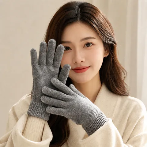 Gants Tricotés Chauds d'Hiver Unisexe Élastiques Épais Thermiques Gants à Doigts Complets Décontractés Couleur Unie Gants de Cyclisme