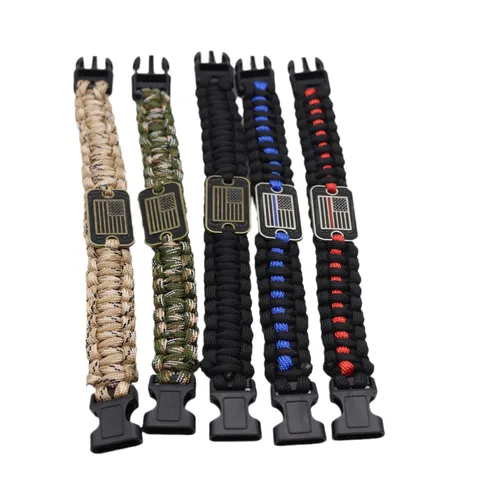 Outdoor Survival Paracord Bracelet Hand Woven Nylon Wristband With Plastic Buckle And Metal Flag Tag For Unisex